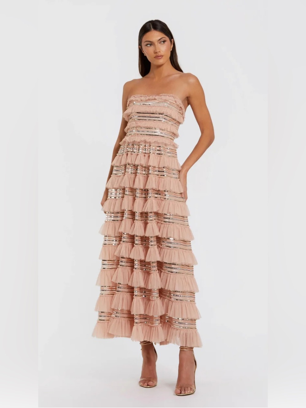 NWOT Mac Duggal Pink Strapless Sequin Micro Ruffle Maxi Dress